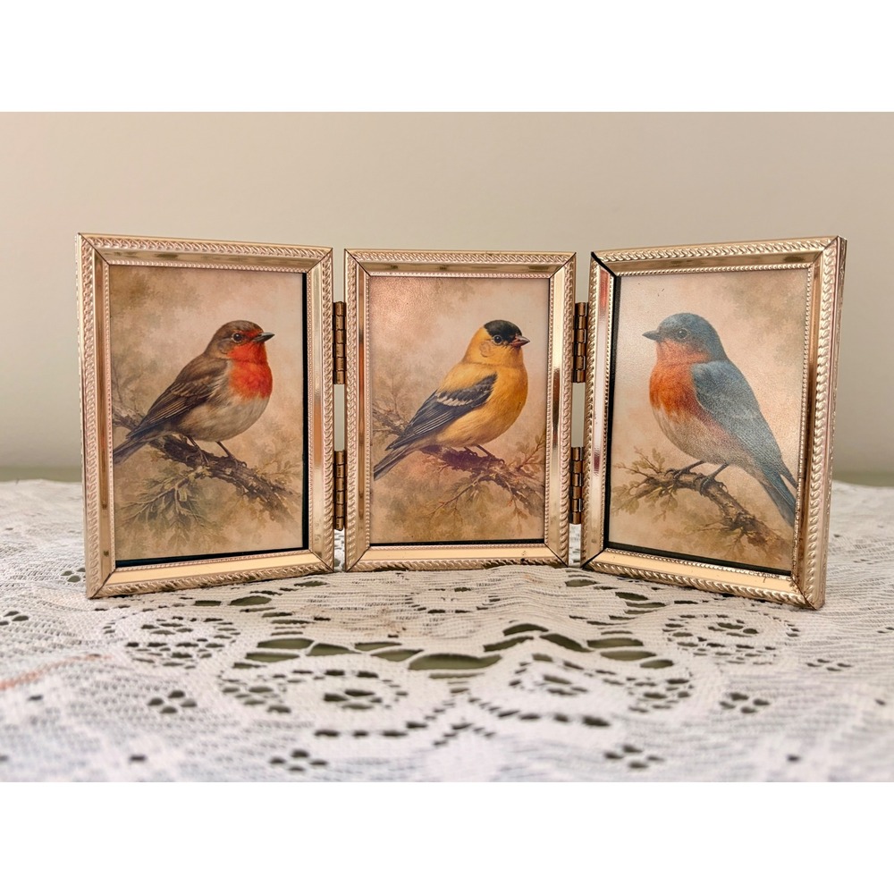 Vintage Brass Mini Tri-Fold Picture Frame with Birds | Small Gold Folding Frame